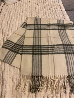 Lord & Taylor Cashmere Cream Plaid Scarf with Gray and Tan Stripes
